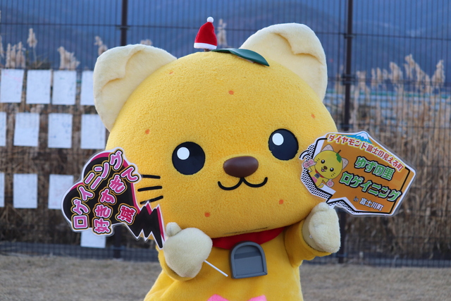 ゆずにゃんが写真映えするプレートをもっている様子 ゆずにゃんが写真映えするプレートをもっている様子