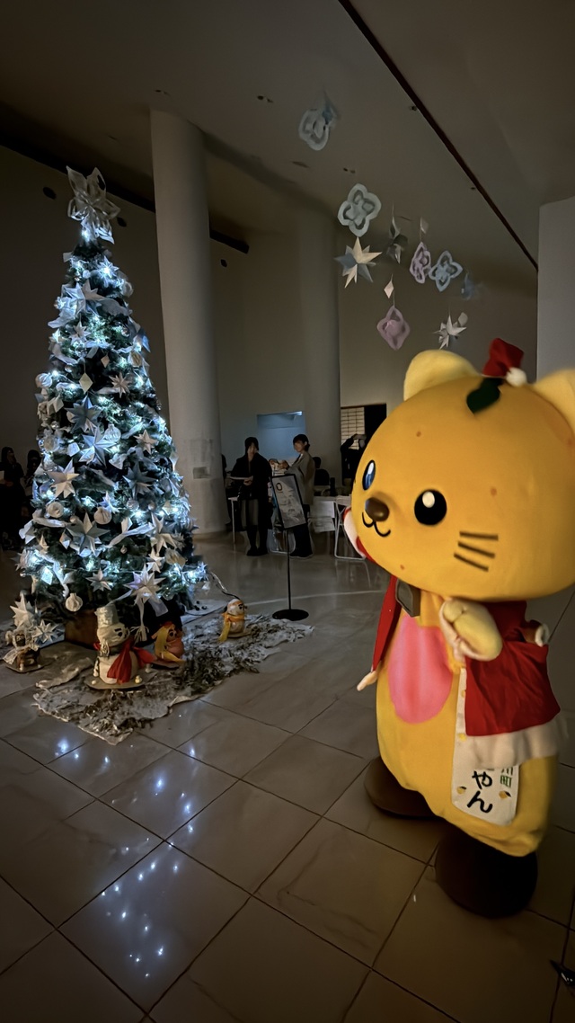 点灯したツリーを指さすゆずにゃん